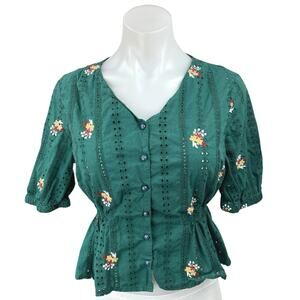 Only Green Yellow Floral Embroidered Button Down Peplum Blouse Top Size 10